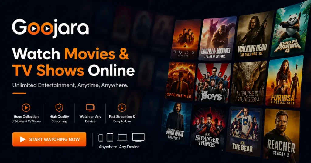 Goojara streaming platform banner showing movies and TV shows online with featured titles, dark cinematic design, and call-to-action button